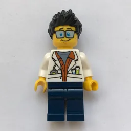 Scientist, Open White Jacket over Dark Orange Shirt, Dark Blue Legs, Glasses