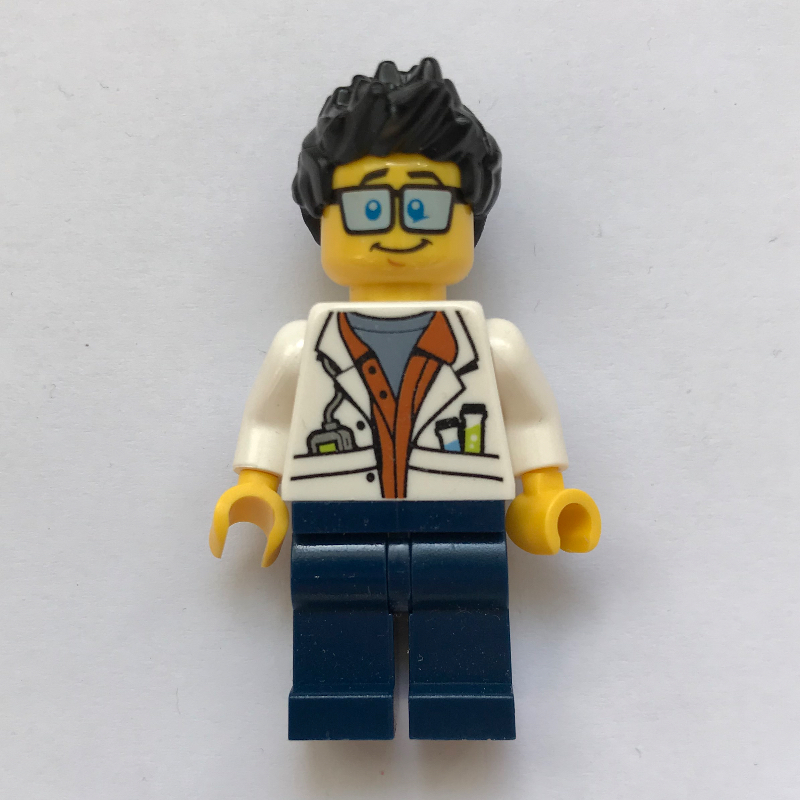 Lego Scientist, Open White Jacket over Dark Orange Shirt, Dark Blue Legs, Glasses