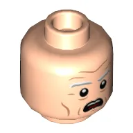 Minifig Head Doc Brown, Light Bluish Gray and White Eyebrows, Smile with Goggles / Open Mouth Scared Print / Light Nougat