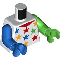 Lego Torso, Odd Arms and Hands, Blue/Red/Bright Light Orange/Bright Green Stars print, Left Bright Green Arm and Hand, Right Blue Arm and Hand / White