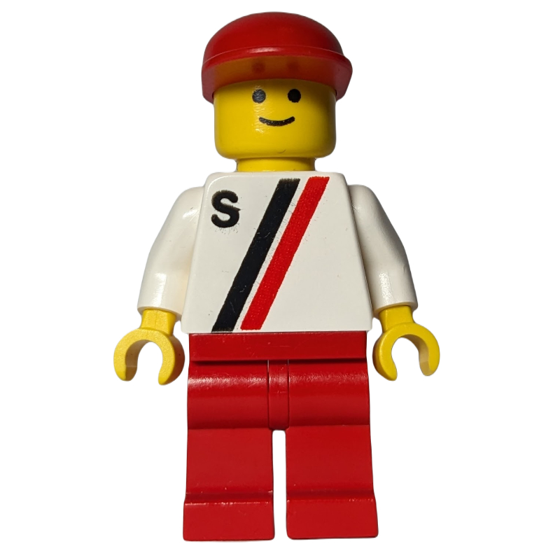Lego Man, White Shirt with Two Stripes and 'S', Red Legs, Red Cap