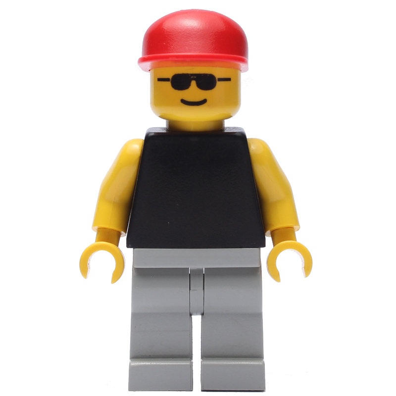 Lego Man, Black Torso with Yellow Arms, Light Gray Legs, Red Cap, Sunglasses