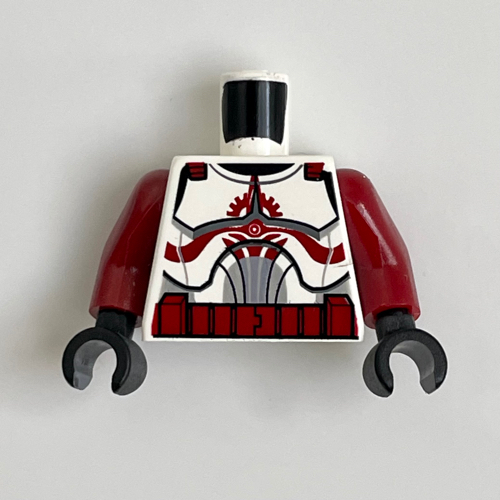 Lego Torso Armor Clone Trooper with Dark Red Markings and Belt, Solid Light Bluish Grey Circle Print, Dark Red Arms, Black Hands / White