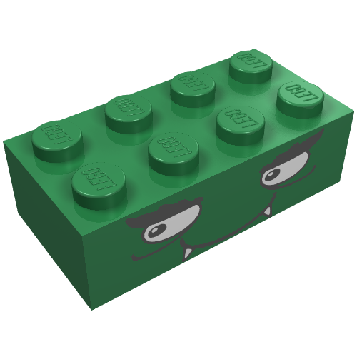 Lego Brick 2 x 4 with Smiling Face with Fangs Print / Green