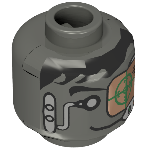 Lego Minifig Head Insectoid, Black Hair, Headset, Green and Copper Eye Grid Print / Dark Gray