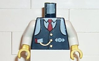 Lego Torso Train Logo, Blue Vest w/ Tie, Watch Fob Pattern (Conductor Charlie) / White Arms / Yellow Hands