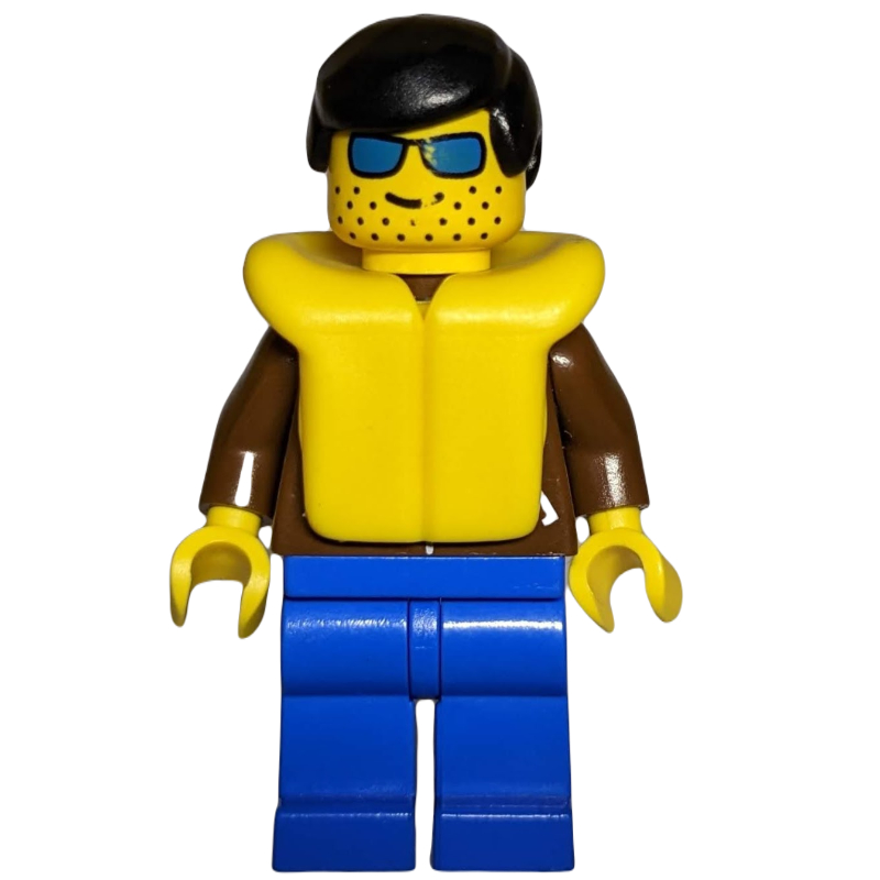 Lego Man, Brown Jacket, Blue Legs, Black Hair, Yellow Life Vest, Blue Sunglasses