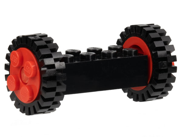 Lego Brick, Modified 2 x 4 with Red Wheels FreeStyle and Red Pins with 2 Black Tire 24mm D. x 8mm Offset Tread - Interior Ridges (4180c02 / 3483)