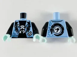 Torso Jacket with Black Dragons and Metallic Light Blue Triangles, Black Shirt with White Asian Symbols Pattern / Black Arms / Light Aqua Hands
