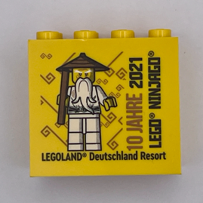 Lego Brick 2 x 4 x 3 with 'LEGOLAND Deutschland Resort' and '10 JAHRE 2021 LEGO NINJAGO' Print / Yellow