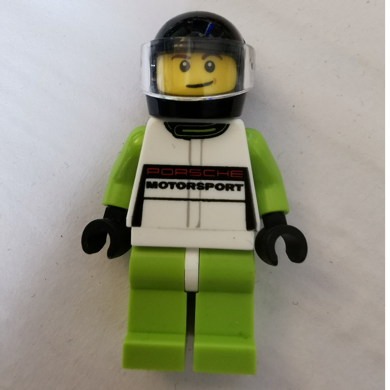 Lego Race Driver, White Torso, Lime Legs, Black Helmet, Porsche