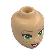 Lego Minidoll Head, Dark Tan Eyebrows, Bright Green Eyes, Freckles, Coral Lips, Open Mouth Smile / Warm Tan