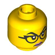 Lego Minifig Head, Raised Black Eyebrows, Black Glasses, Lavender Lips, Angry Stare/Smirk / Yellow