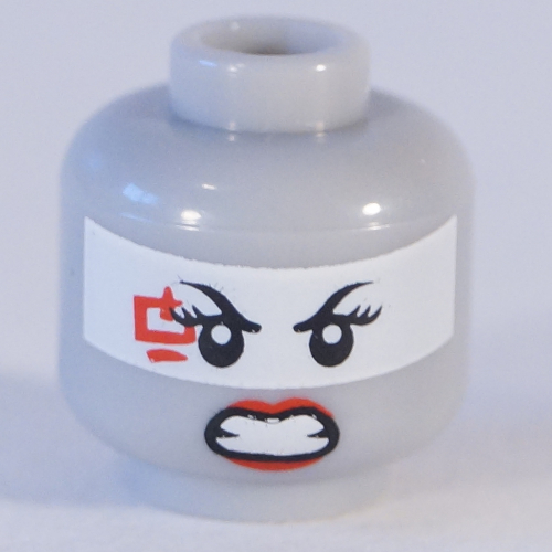 Lego Minifig Head Harumi, Dual Sided, White Eyeband and Red Lipstick, Smile / Clenched Teeth Print [Hollow Stud] / Light Bluish Gray