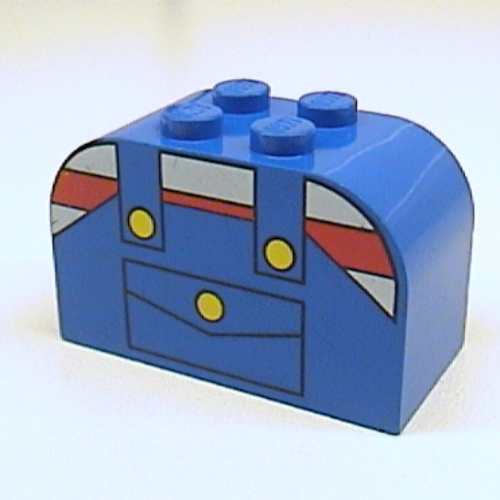 Lego Brick Curved 2 x 4 x 2 Double with Red and White Striped Shirt and Overalls Print / Blue