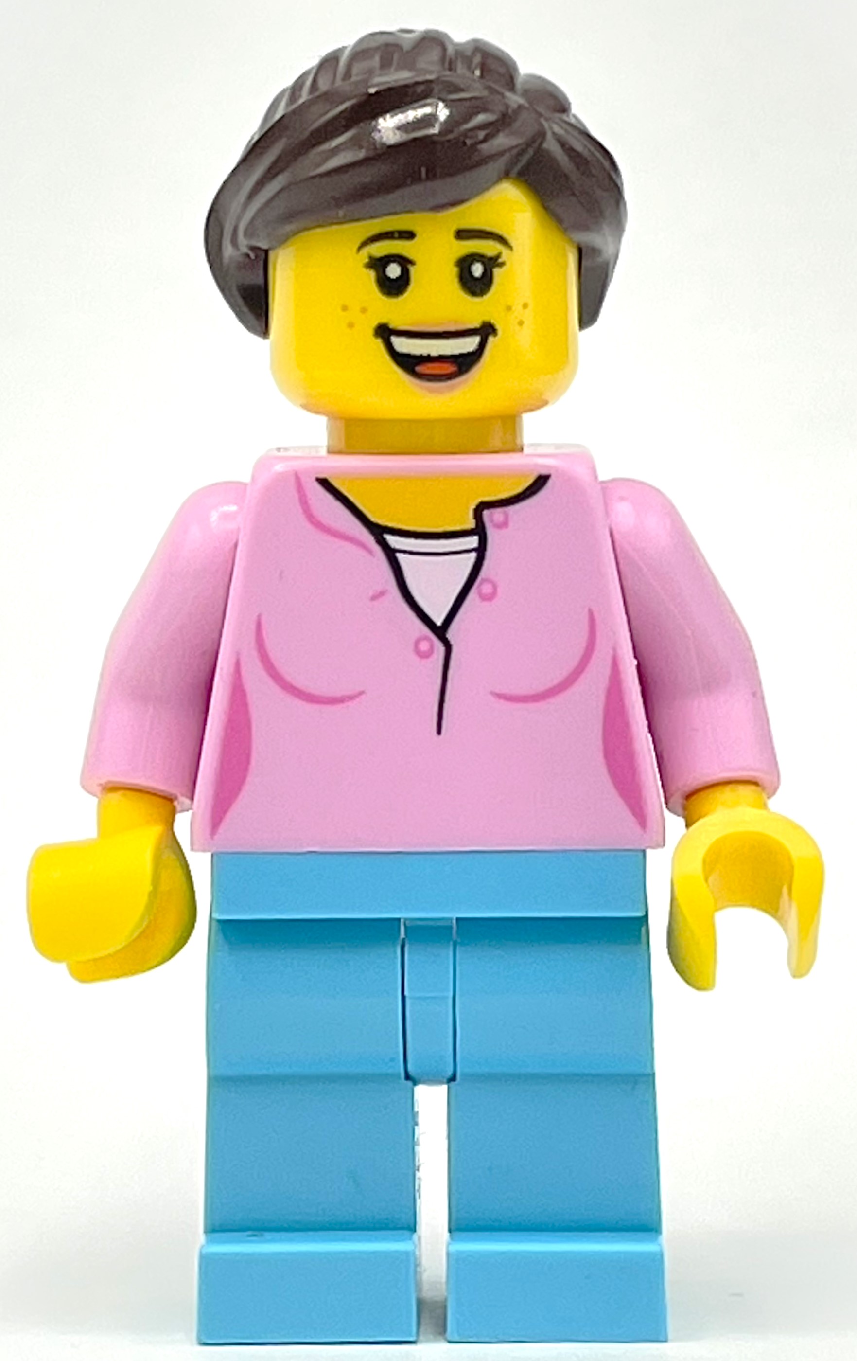 Lego Bright Pink Torso, Medium Azure Legs, Dark Brown Hair
