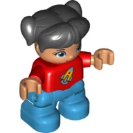 Duplo Figure Child with Ponytails and Bangs Black, Red Top with Rocket Ship Print - Nougat Face and Hands - Dark Azure Legs / Red