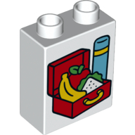 Lego Duplo Brick 1 x 2 x 2 with Bottom Tube, with Lunch Box and Flask Print / White