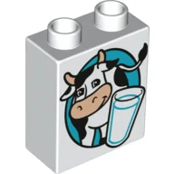 Duplo Brick 1 x 2 x 2 with Cow and Glass of Milk Print (Milk Carton) / White