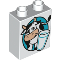 Lego Duplo Brick 1 x 2 x 2 with Cow and Glass of Milk Print (Milk Carton) / White