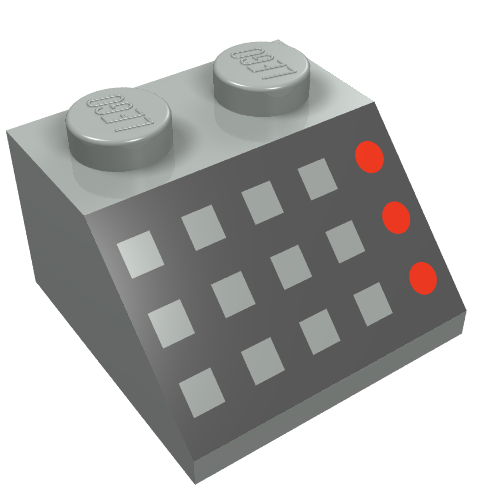 Lego Brick Sloped 45° 2 x 2 with 12 Buttons, 3 Red Lamps, Black Panel Print / Light Gray
