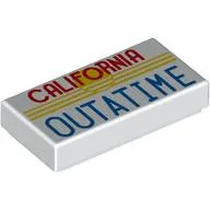 Tile 1 x 2 with Yellow Stripes, Red 'CALIFORNIA', Blue 'OUTATIME' Print / White
