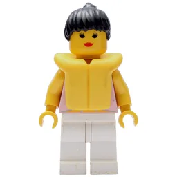 Woman, Tied Pink Tank Top with Flowers, White Legs, Black Hair, Yellow Life Vest