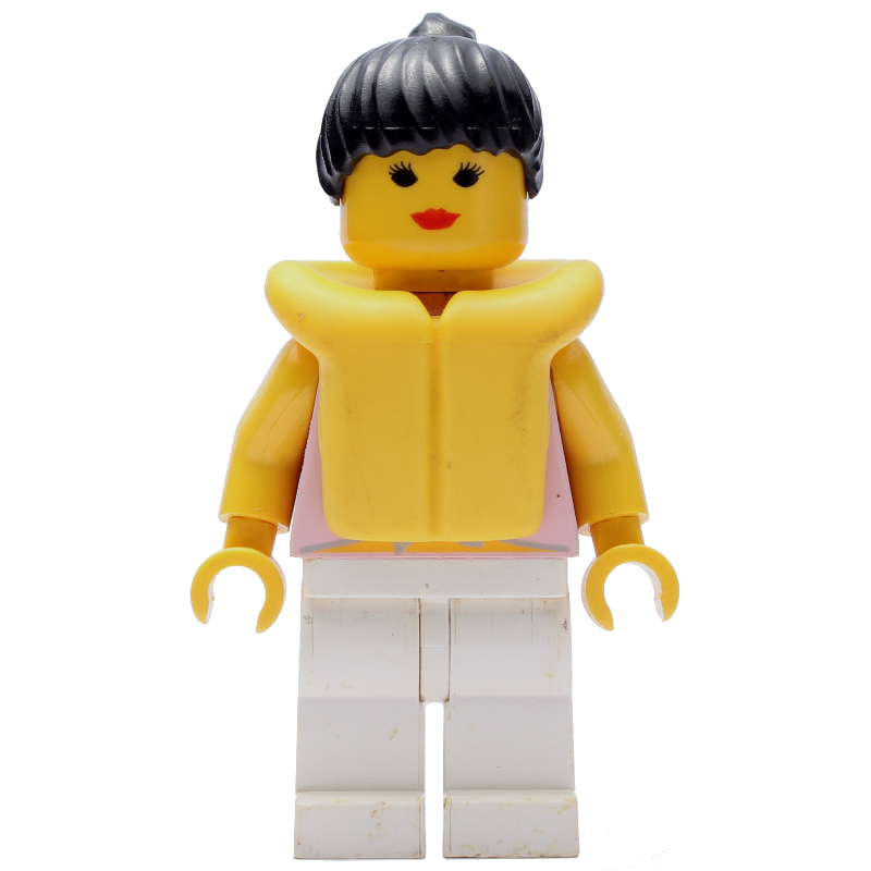 Lego Woman, Tied Pink Tank Top with Flowers, White Legs, Black Hair, Yellow Life Vest