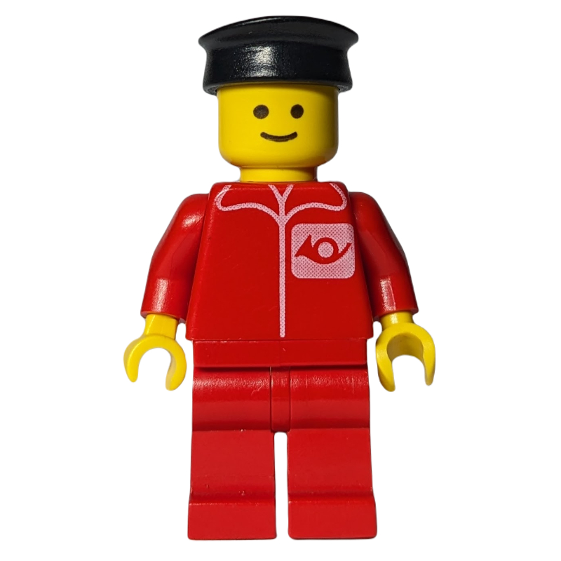 Lego Postal Worker, Red Shirt with Horn Logo, Red Legs, Black Hat