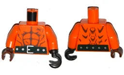 Torso Ninjago Bare Chest with Muscles Outline, Scars, Dark Green Belt on Front and Back Pattern / Orange Arms / Reddish Brown Hand Right / Pearl Dark Gray Hook Left