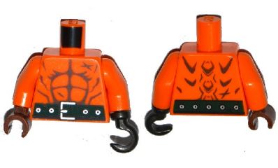 Lego Torso Ninjago Bare Chest with Muscles Outline, Scars, Dark Green Belt on Front and Back Pattern / Orange Arms / Reddish Brown Hand Right / Pearl Dark Gray Hook Left