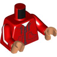 Lego Torso, Jacket, Zipper, Pockets, Hoody, White Shirt print, Red Arms, Medium Nougat Hands / Red