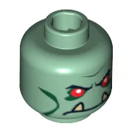 Minifig Head Troll / Orc, Red Eyes and Lower Fangs Print / Sand Green