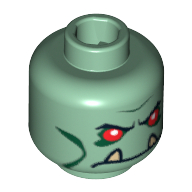 Lego Minifig Head Troll / Orc, Red Eyes and Lower Fangs Print / Sand Green