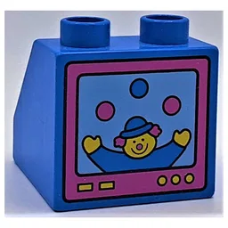 Duplo Brick 2 x 2 Slope 45° with Television Clown Print on Vertical Side / Blue