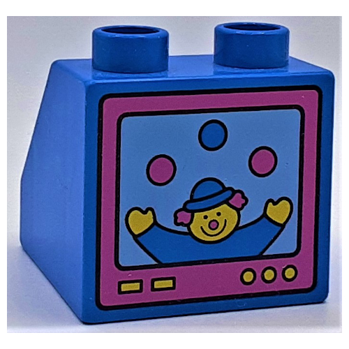 Lego Duplo Brick 2 x 2 Slope 45 with Television Clown Print on Vertical Side / Blue