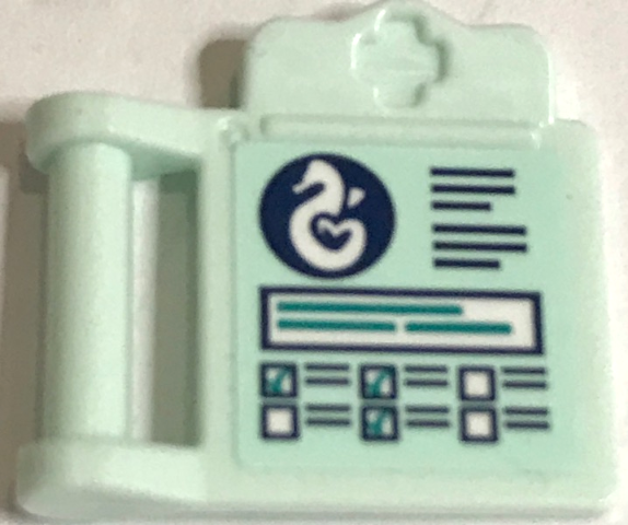 Lego Friends Accessories Medical Clipboard with Bar Handle with Heartlake Rescue Seahorse Logo, Dark Blue and Dark Turquoise Lines and Check Boxes on Light Aqua Background Pattern (Sticker) - Set 41380