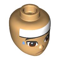 Lego Minidoll Head, Reddish Brown Eyes, Sweat Drop, White Headband / Warm Tan