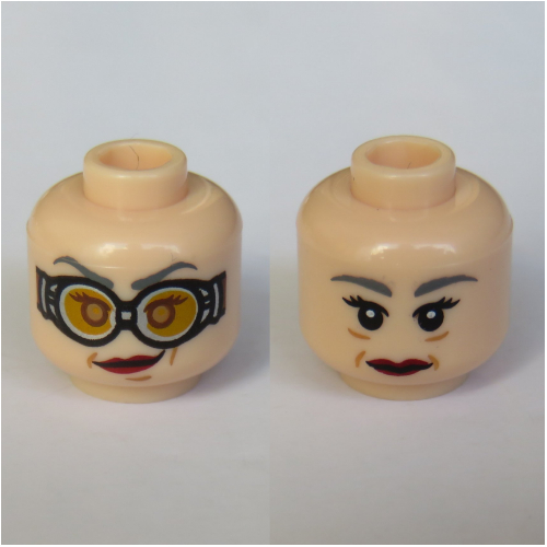 Lego Minifig Head Madame Hooch, Dual Sided, Red Lipstick, Goggles / No Goggles Print [Hollow Stud] / Light Nougat