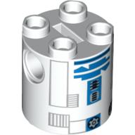 Lego Brick Round 2 x 2 x 2 Robot Body, Axle Holder '+' Orientation with Blue and Gray Astromech Droid Print (R2-D2 Clone Wars) / White