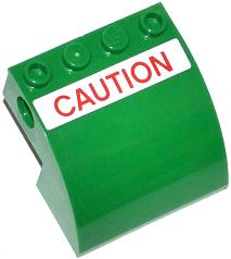 Lego Slope, Curved 4 x 4 x 2 with 4 Studs and Pin Holes with Red 'CAUTION' on White Background Pattern (Sticker) - Set 70805