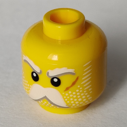 Lego Minifig Head Snow Guardian, Bushy White Eyebrows, Mustache, and Stubble, Scar on Left Cheek, Neutral / Angry Print / Yellow