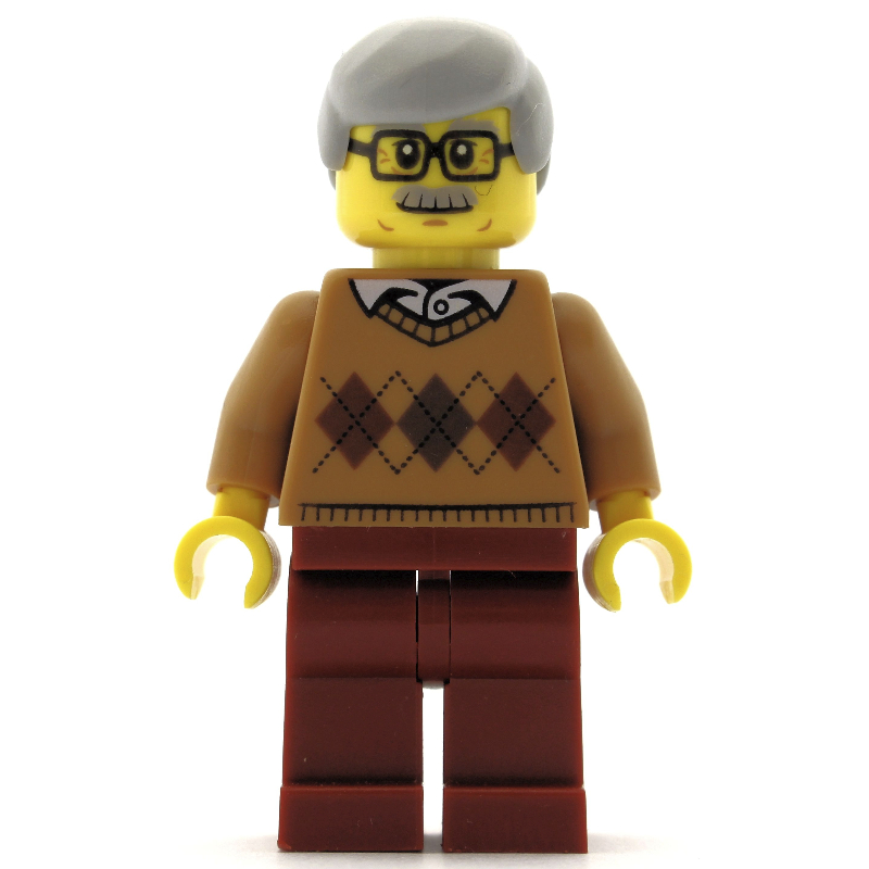 Lego Man, Medium Nougat Argyle Sweater, Dark Red Legs, Moustache and Glasses