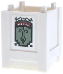 Container, Box 2 x 2 x 2 - Top Opening with Sand Green and Reddish Brown Sign, 'WASTE' and Dark Green Border and Filigree Pattern (Sticker) - Set 43302