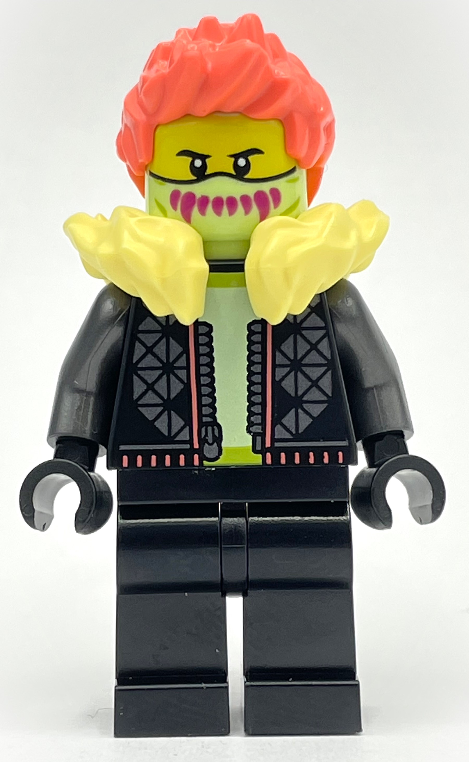 Lego Black Torso, Black Legs, Bright Light Yellow Fur Collar, Coral Hair