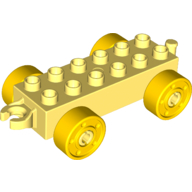 Lego Duplo Car Base 2 x 6 with Fake Bolts, Open Hitch End and Yellow Wheels / Bright Light Yellow