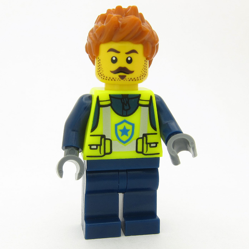 Lego Police Officer, Vibrant Yellow Safety Vest, Dark Orange Hair