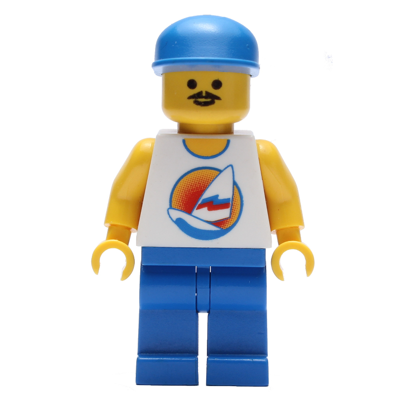 Lego Man, White Tank Top with Windsurfer, Blue Legs, Blue Cap, Moustache