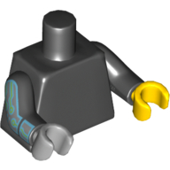 Lego Torso, Odd Hands, Plain, Black Arms with Silver Mechanical Print, Left Yellow Hand, Right Light Bluish Gray Hand / Black