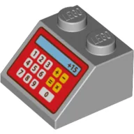 Brick Sloped 45° 2 x 2 with Red Cash Register and '+15' Print / Light Bluish Gray